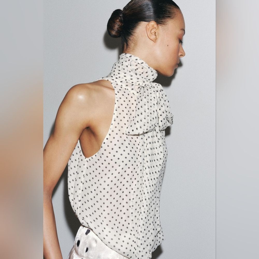 Zara Cream Polka Dot High-Neck Sleeveless Blouse